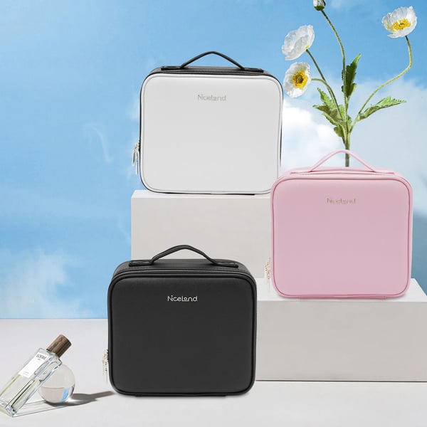 Rejse-makeuptaske, makeup-organizer str. S med LED-spejl, 3 lysfarver og justerbar lysstyrke, sort
