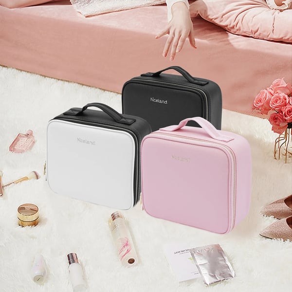 Rejse-makeuptaske, makeup-organizer str. S med LED-spejl, 3 lysfarver og justerbar lysstyrke, sort