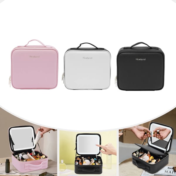 Rejse-makeuptaske, makeup-organizer str. S med LED-spejl, 3 lysfarver og justerbar lysstyrke, sort