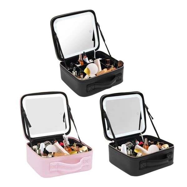 Rejse-makeuptaske, makeup-organizer str. S med LED-spejl, 3 lysfarver og justerbar lysstyrke, sort