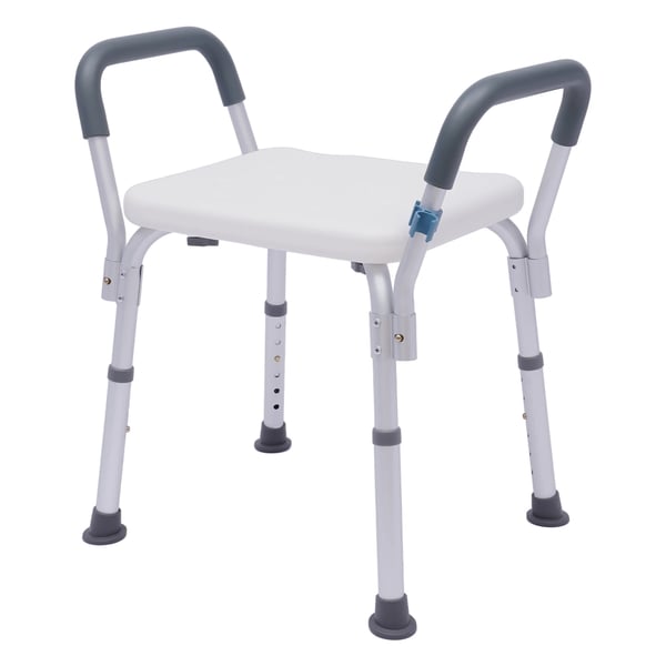 Suihkutuoli - Korkeussäädettävä kylpytuoli - Korkeus 37–49 cm - Kantavuus 150 kg - Käsinojat - Alumiinirunko, HDPE-istuin - Vapaasti seisova