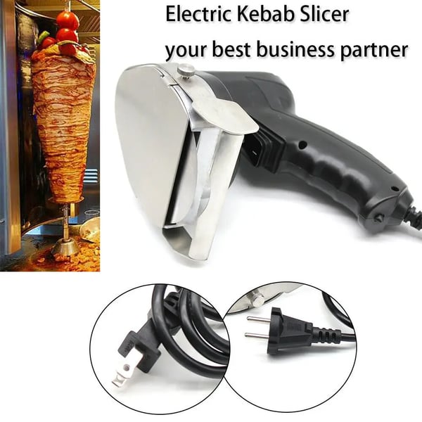 Sähköinen kebableikkuri, käsikäyttöinen 80W, säädettävä leikkuupaksuus, terän teroitin, musta