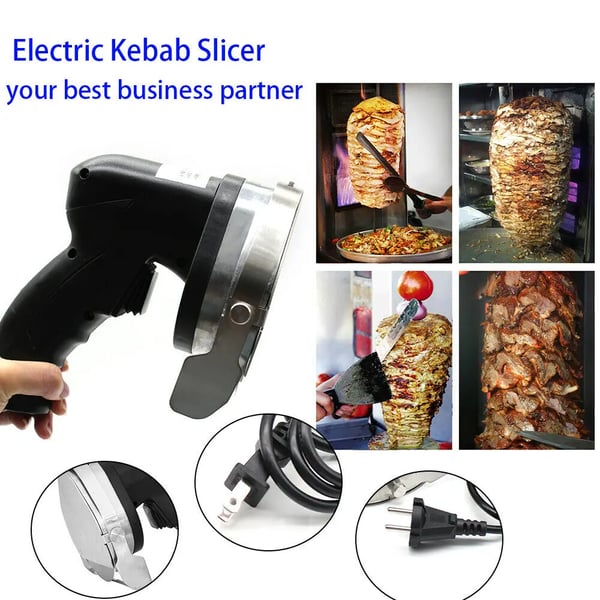 Sähköinen kebableikkuri, käsikäyttöinen 80W, säädettävä leikkuupaksuus, terän teroitin, musta