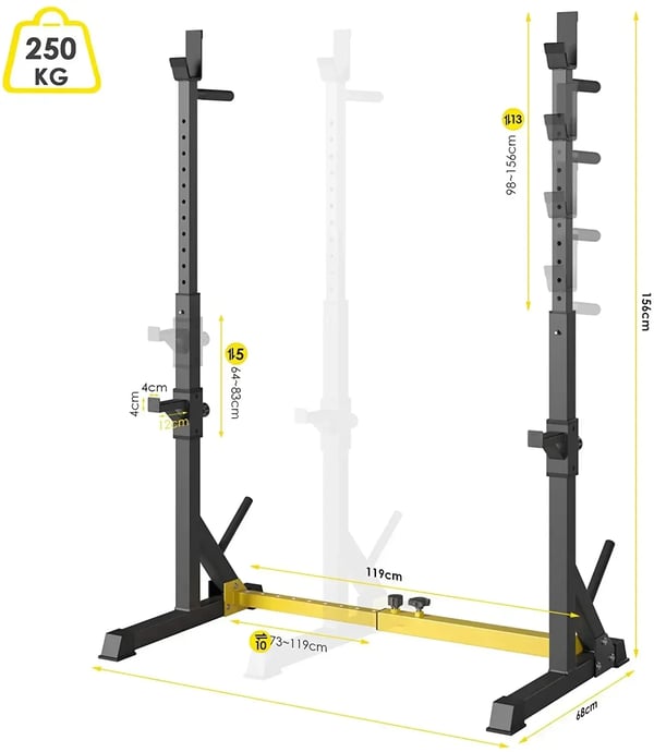 Justerbart vægtstangsstativ - Squat Rack/Bænkpresstativ - Maks belastning 250 kg - Multifunktion - Titanstål - Til hjemmefitness - Gul