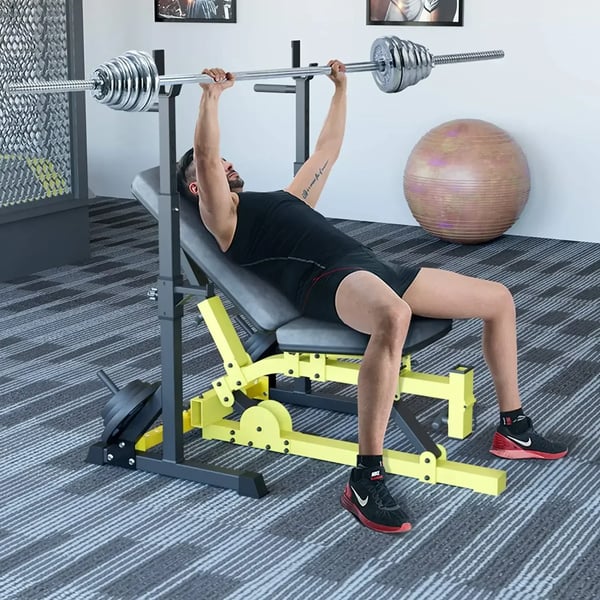 Justerbart vægtstangsstativ - Squat Rack/Bænkpresstativ - Maks belastning 250 kg - Multifunktion - Titanstål - Til hjemmefitness - Gul