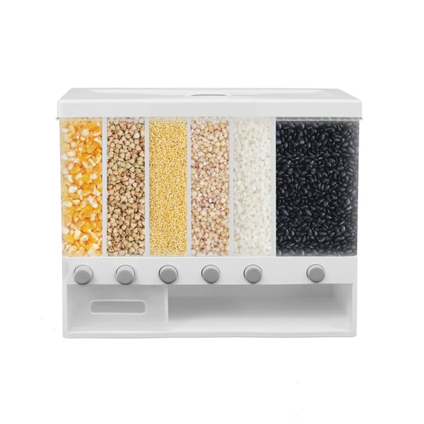 Spannmålsbehållare - 6-facks torrvarudispenser - Insektsäker - Livsmedelsgodkänd plast - Återanvändbar - 1,7 kg - Ljusgul