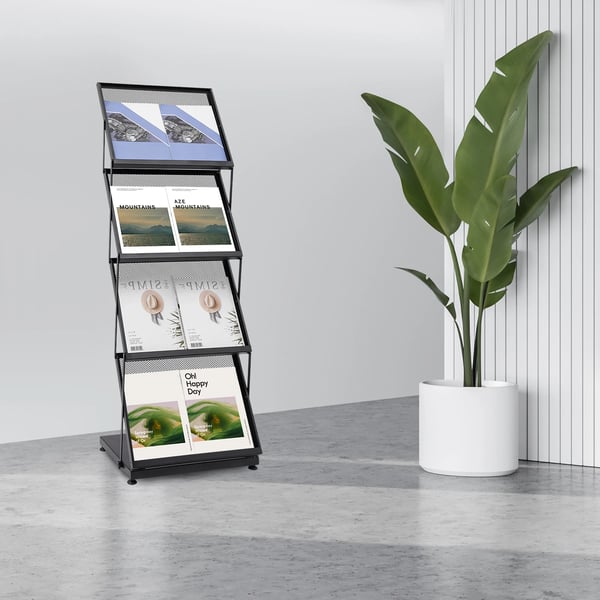 Brochure- og magasinstander - Gulvstående Display - Sammenklappelig - 4 Niveauer - A3 - Gitterdesign - Jern - Sort
