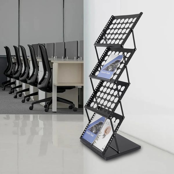 Brochure- og magasinstander - Gulvstående Display - Sammenklappelig - 4 Niveauer - A3 - Gitterdesign - Jern - Sort