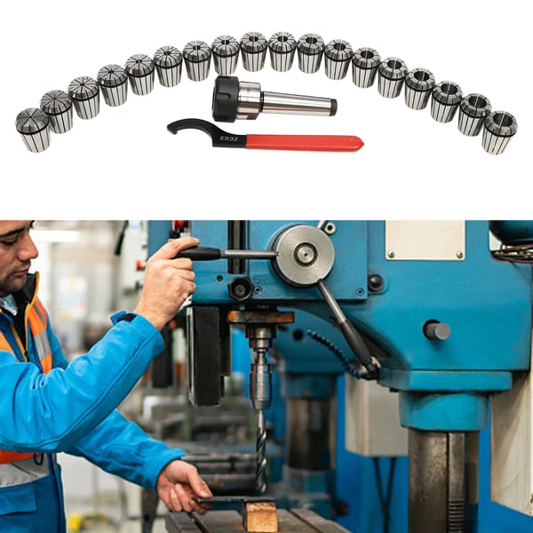 Spændepatronsæt til fræsemaskine - MT3 ER32 - 18 Dele - Nøgle - Opbevaringsboks - Fjederstål & Aluminiumlegering - Sort