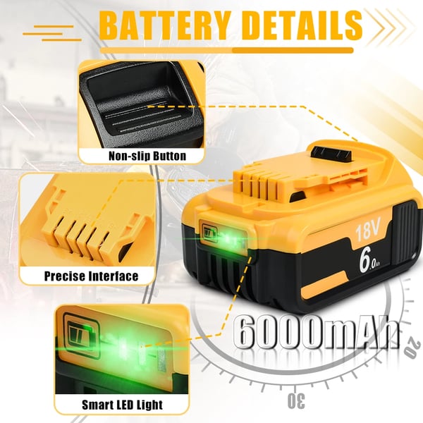 DCB200 batteri, erstatningsbatteri til DeWalt 20V/18V elværktøj, Li-ion 6Ah 6000mAh, grå