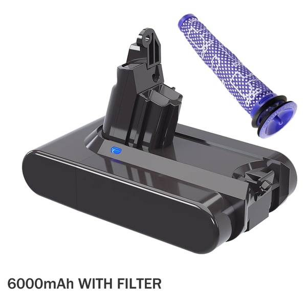 Dyson V6 batteri, erstatningsbatteri 6,0 Ah, kompatibel med SV03 SV05 SV07 SV09 DC62 DC58 DC59 DC61 DC72 DC74, gul, med filter