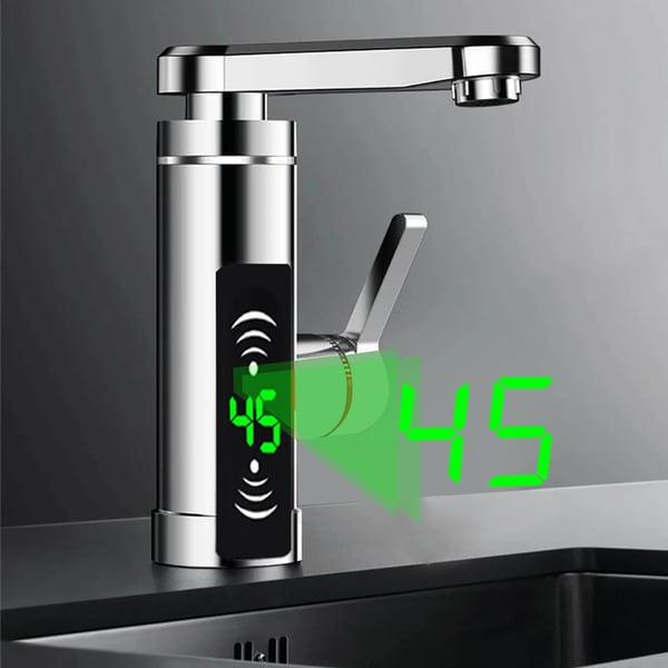 Elektrisk vandhane, bundtilslutning, 3000 W, 25–55 °C, LED-display, 3 s lynopvarmning, rustfrit stål, sølv