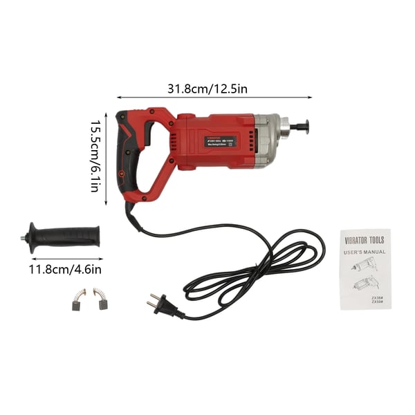 Elektrisk betonvibrator, håndholdt 1100 W, 2 m vibratorslange, 220 V EU-stik, rød