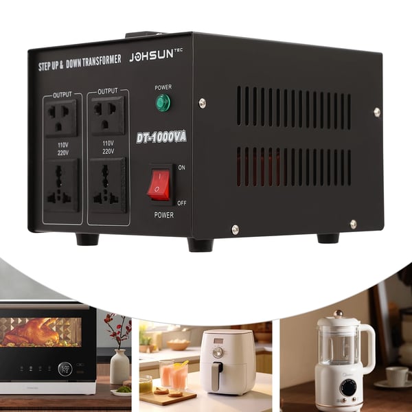 Jännitemuunnin - DT-1000VA Muuntaja - 110V↔220V - Jännitteen nosto/lasku - Yhden painalluksen kytkin - 1000 VA - Valkoinen