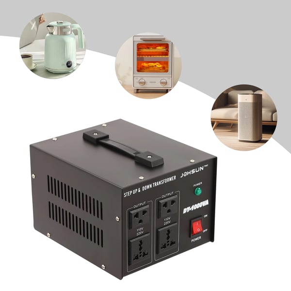 Jännitemuunnin - DT-1000VA Muuntaja - 110V↔220V - Jännitteen nosto/lasku - Yhden painalluksen kytkin - 1000 VA - Valkoinen