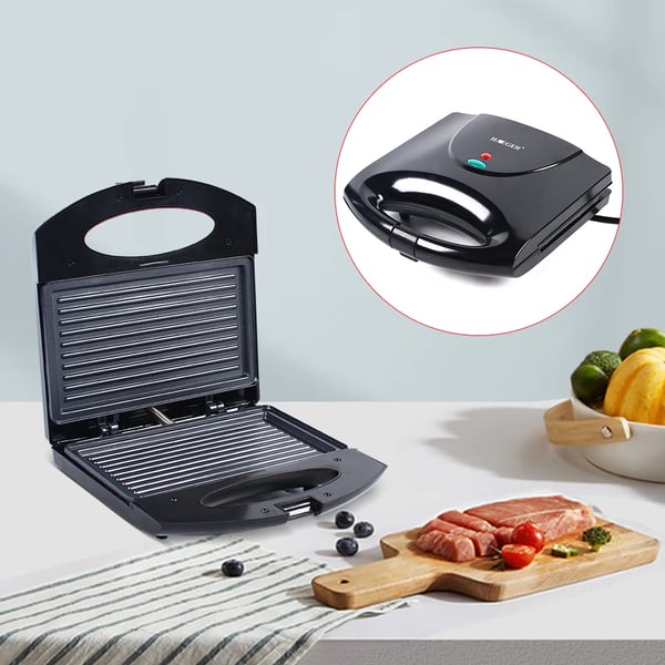 Sähkögrilli - Kontaktigrilli/Voileipägrilli - Kaksipuolinen lämmitys - 850 W - 220 V 50 Hz - Kompakti 22×20 cm - Musta