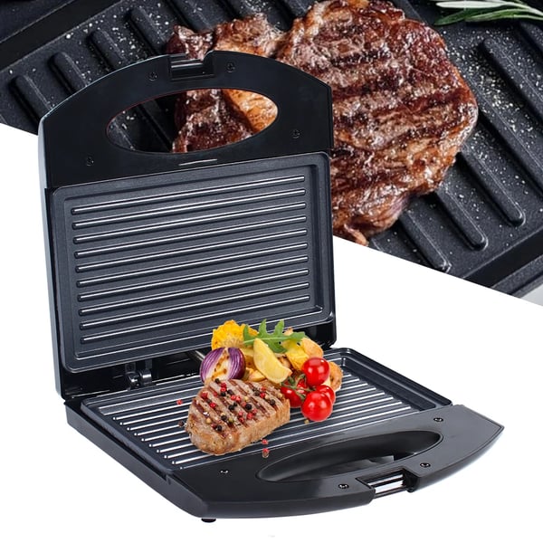 Sähkögrilli - Kontaktigrilli/Voileipägrilli - Kaksipuolinen lämmitys - 850 W - 220 V 50 Hz - Kompakti 22×20 cm - Musta