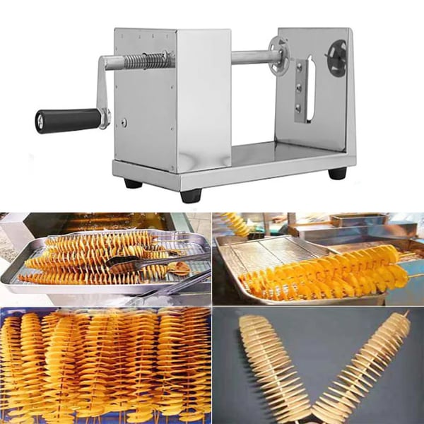 Spiralskærer til kartofler - Manuel chips- og frugttwister - Rustfrit stål/plast/gummi - 3–3,5 mm skiver - Ca. 1 min - Mørkegrå