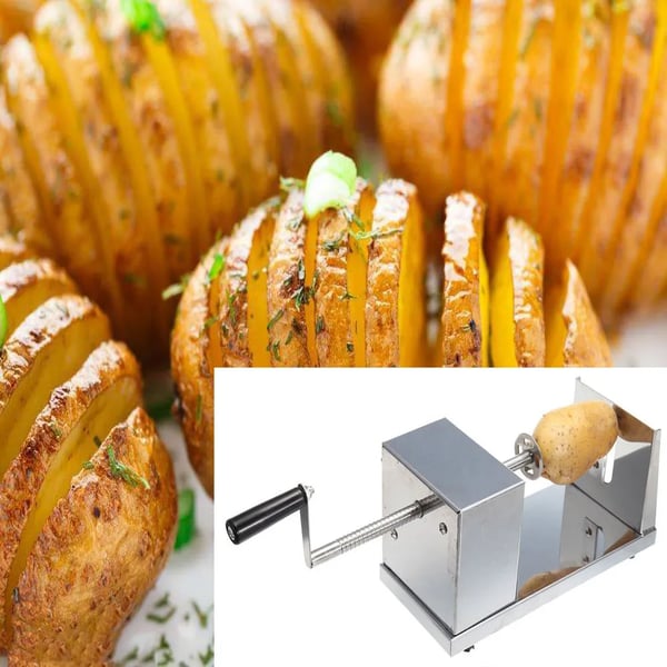 Spiralskærer til kartofler - Manuel chips- og frugttwister - Rustfrit stål/plast/gummi - 3–3,5 mm skiver - Ca. 1 min - Mørkegrå