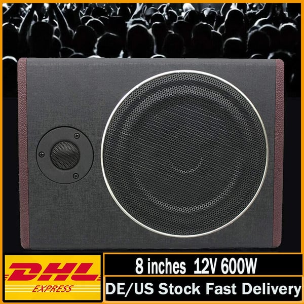 Ultratynd aktiv bilsubwoofer, 8 tommer 600W under sædet, slankt metalhus 12V, Deep Sapphire