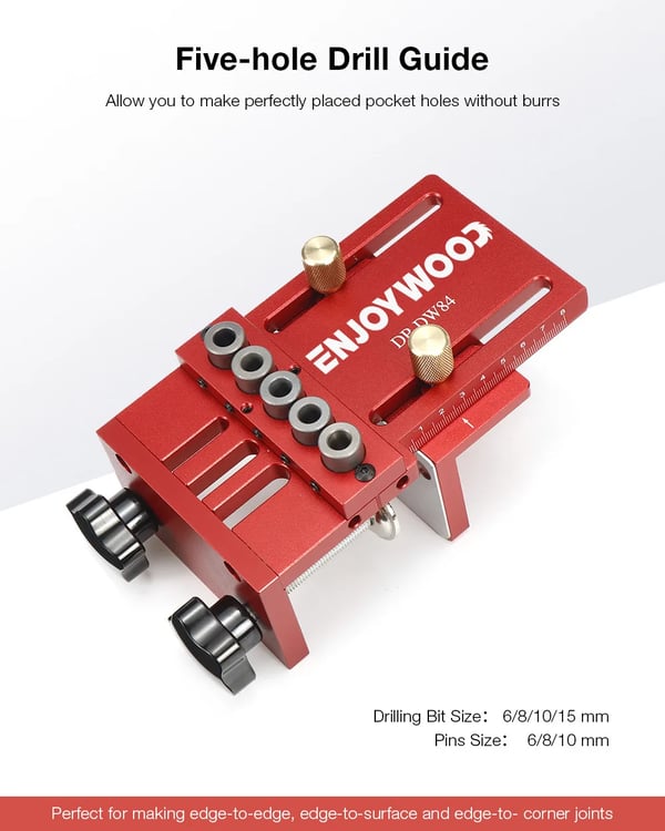 Træjig - Pocket Hole Jig - 3‑i‑1 Justerbar - Dyveljig - Boreguide Til Møbler - 6/8/10 mm - Plastboks - Guld