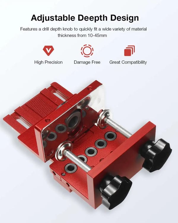 Træjig - Pocket Hole Jig - 3‑i‑1 Justerbar - Dyveljig - Boreguide Til Møbler - 6/8/10 mm - Plastboks - Guld