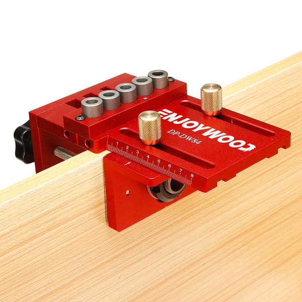 Træjig - Pocket Hole Jig - 3‑i‑1 Justerbar - Dyveljig - Boreguide Til Møbler - 6/8/10 mm - Plastboks - Guld