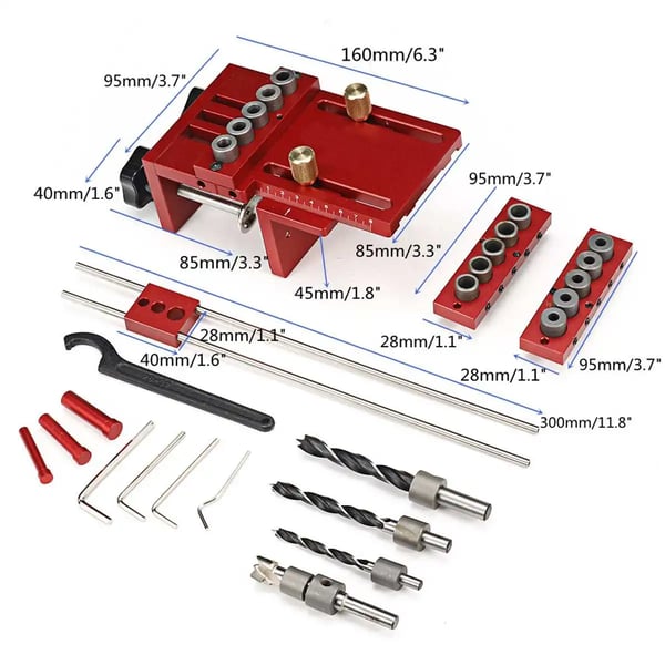 Træjig - Pocket Hole Jig - 3‑i‑1 Justerbar - Dyveljig - Boreguide Til Møbler - 6/8/10 mm - Plastboks - Guld