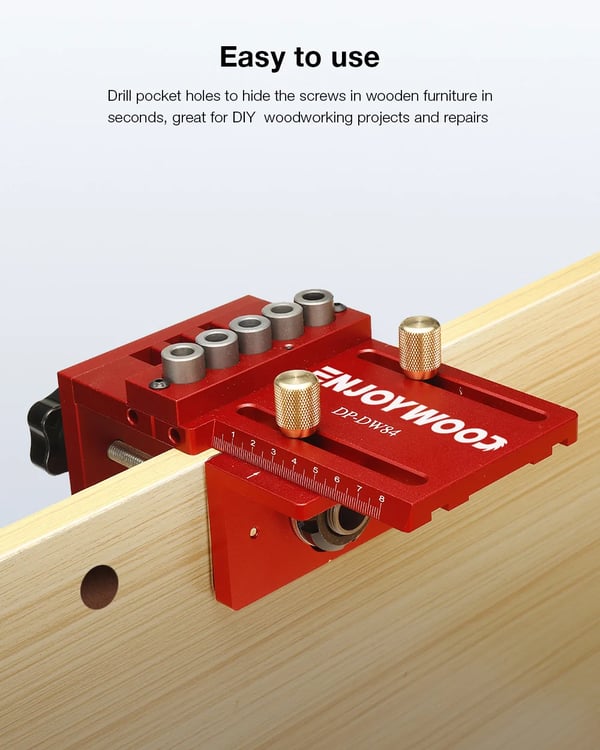 Træjig - Pocket Hole Jig - 3‑i‑1 Justerbar - Dyveljig - Boreguide Til Møbler - 6/8/10 mm - Plastboks - Guld