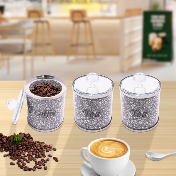 Sæt med glaskrukker - Madopbevaringsglas - 3-pak - Glas & rustfrit stål - Diamantindlæg - Til kaffe, sukker, te - Bordmodel - Sølv/klar