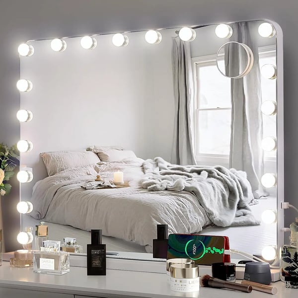Meikkipeili valoilla - Hollywood-peili - 20 Himmennettävää LED-lamppua - Koko 80x60 cm - Ruostumattoman teräksen runko - Valkoinen