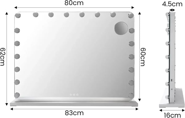 Makeupspejl med lys - Hollywood-spejl - 20 Dæmpbare LED-pærer - Størrelse 80x60 cm - Metalramme i rustfrit stål - Hvid