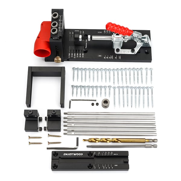 Lommehul-jig - XK4 PRO MAX Kit - Justerbar Aluminiumlegering - Boreguide - Stabiliseringsstang - Stopklods - Opbevaringskasse