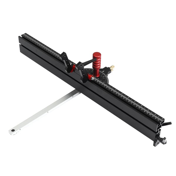 Geringsanslag til træ - M1 Pro anslag + forlænget hegn - 0–60° vinkel - 1200 mm hegn - Til bordsav/fræsebord - Rød/Sølv