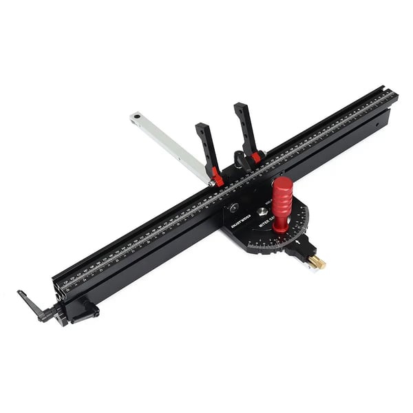 Geringsanslag til træ - M1 Pro anslag + forlænget hegn - 0–60° vinkel - 1200 mm hegn - Til bordsav/fræsebord - Rød/Sølv