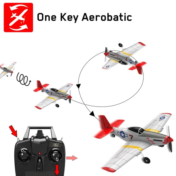 Mini Mustang P-51D V2 761-5 - RC-harjoituskone - 40 cm siipiväli - 2.4G - 6-akselinen gyro - 2 kanavaa - RTF 3 akkua - 1-napin paluu - Punainen