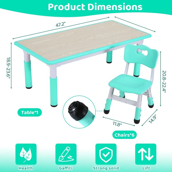 Børnebord med 6 stole - Aktivitetsbord - Højdejusterbart 48–60 cm - 120×60 cm - 7-delt sæt - Plast/trækomposit - Lysegrøn