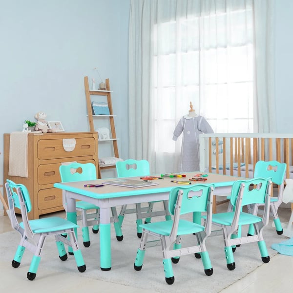 Børnebord med 6 stole - Aktivitetsbord - Højdejusterbart 48–60 cm - 120×60 cm - 7-delt sæt - Plast/trækomposit - Lysegrøn