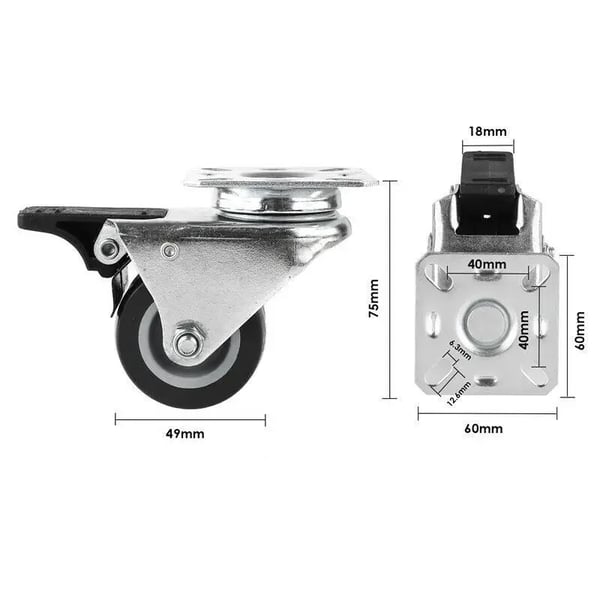 Møbelhjul - Dobbelt drejehjul 50 mm 4 stk. - Svingbare - Med bremse - 100 kg pr. hjul - Grå