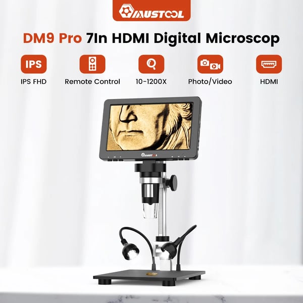 DM9 Pro - Digitalt mikroskop - 17,8 cm IPS-skærm - HDMI-kompatibel - 16 MP - 500–1500x forstørrelse - Fuld møntvisning