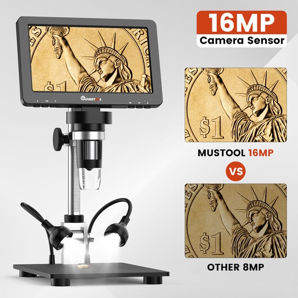 DM9 Pro - Digitalt mikroskop - 17,8 cm IPS-skærm - HDMI-kompatibel - 16 MP - 500–1500x forstørrelse - Fuld møntvisning