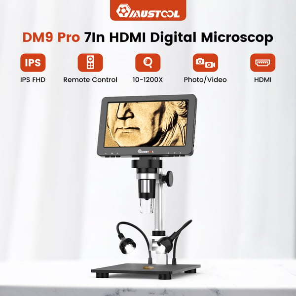 DM9 Pro - Digitalt mikroskop - 17,8 cm IPS-skærm - HDMI-kompatibel - 16 MP - 500–1500x forstørrelse - Fuld møntvisning