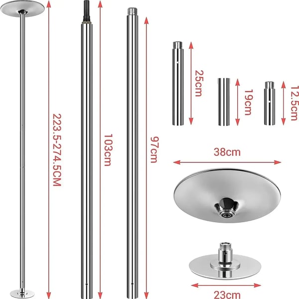 Pole dance stang - Spin pole - 4,5 cm diameter - Justerbar længde - Aftagelig og bærbar - Rustfrit stål - Til kommerciel brug