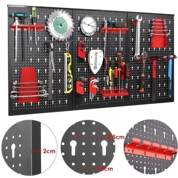 Metal Pegboard Værktøjstavle - Værktøjsvæg 120x60 cm - 17-dele krogsæt - Panelorganizer - Garage opbevaringsbokse - Sort/Rød