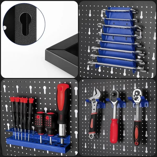 Pegboard/værktøjstavle i metal - Vægmonteret panel - 120 x 60 x 2 cm - Perforeret væg til garage/værksted - Blå