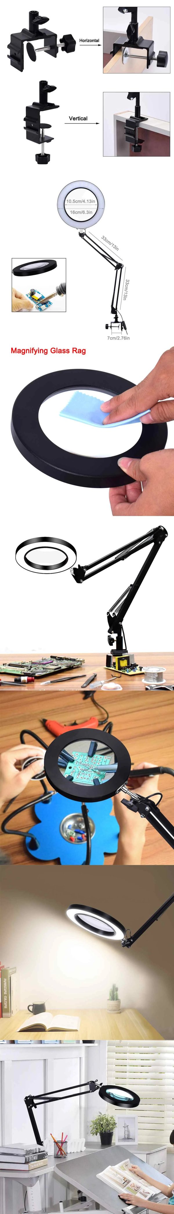 USB LED forstørrelsesglas - Bordlup - 5x Forstørrelse - USB-drevet - Fleksibel Arm 33 cm - Sammenklappelig - Med Stativ