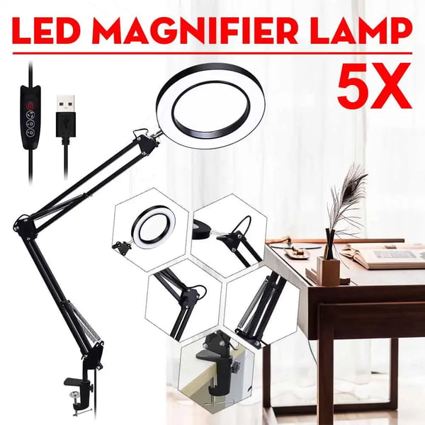 USB LED forstørrelsesglas - Bordlup - 5x Forstørrelse - USB-drevet - Fleksibel Arm 33 cm - Sammenklappelig - Med Stativ