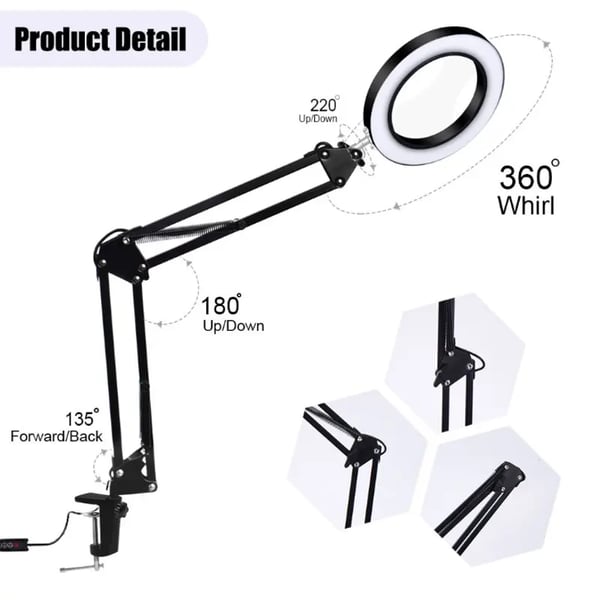 USB LED forstørrelsesglas - Bordlup - 5x Forstørrelse - USB-drevet - Fleksibel Arm 33 cm - Sammenklappelig - Med Stativ