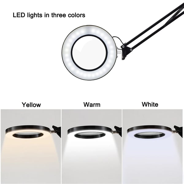 USB LED forstørrelsesglas - Bordlup - 5x Forstørrelse - USB-drevet - Fleksibel Arm 33 cm - Sammenklappelig - Med Stativ