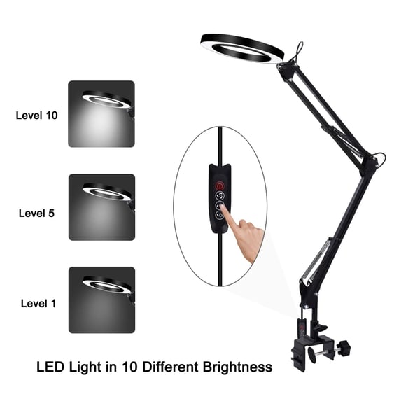 USB LED forstørrelsesglas - Bordlup - 5x Forstørrelse - USB-drevet - Fleksibel Arm 33 cm - Sammenklappelig - Med Stativ
